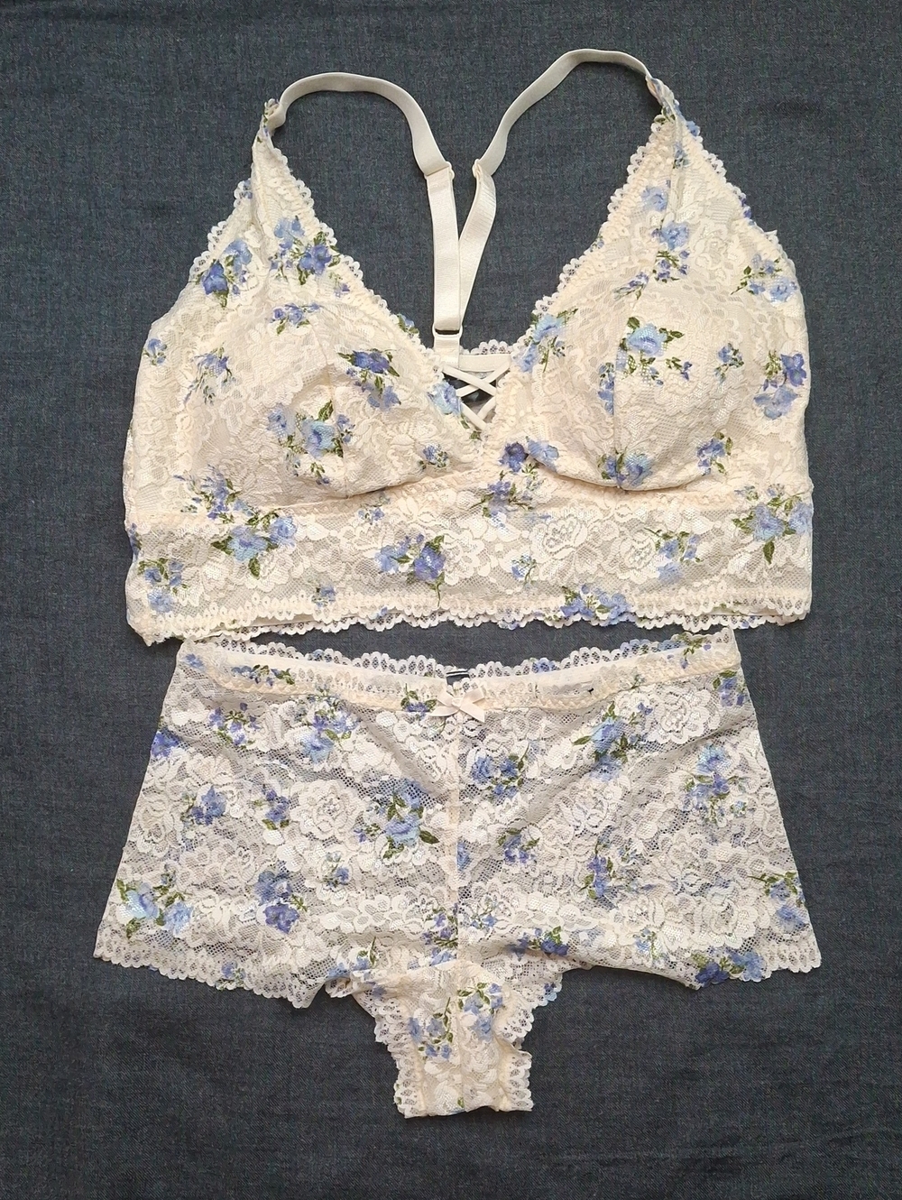 torrid Cream Lace Bralette & Brief Set with Blue Floral